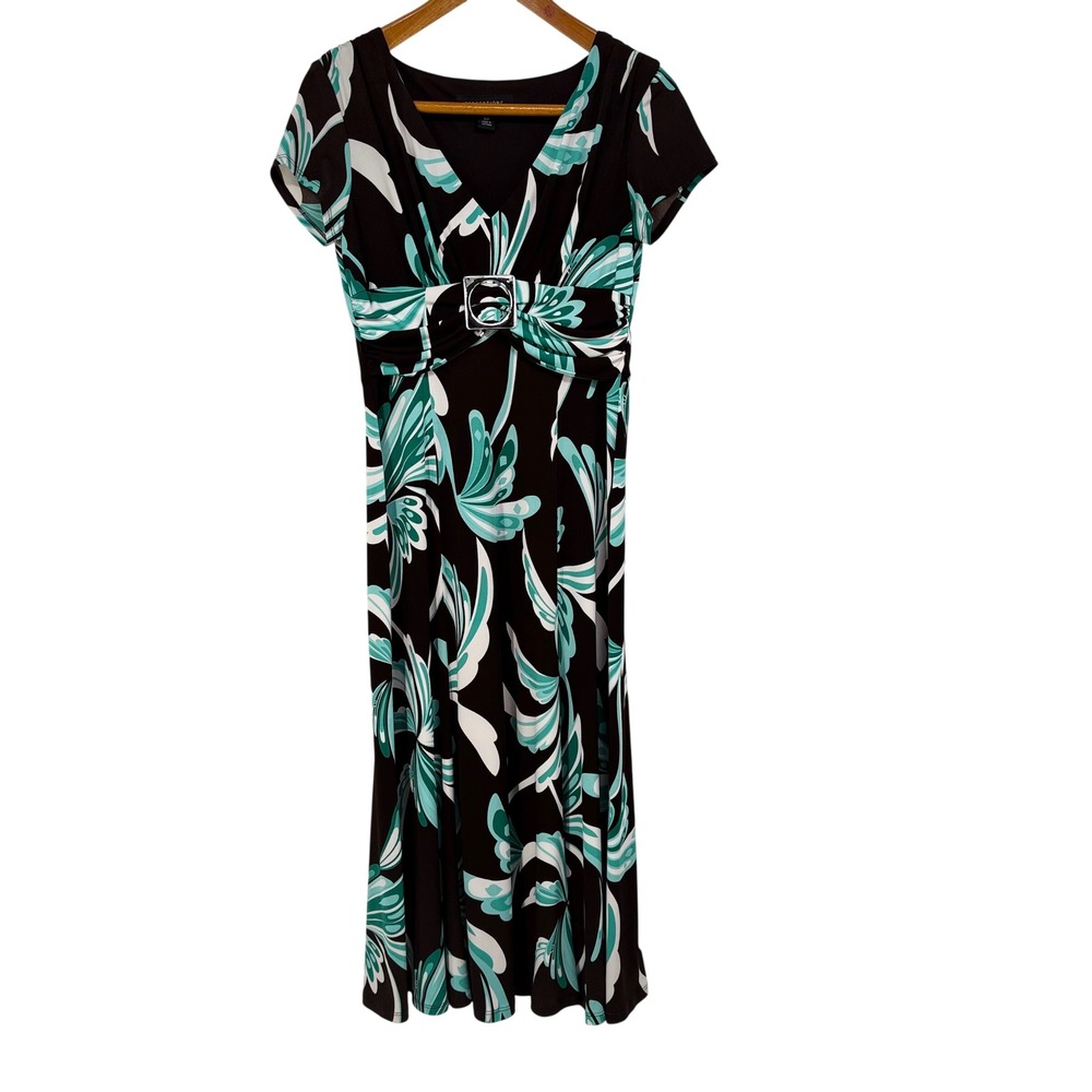 Y2K Perceptions Petite Teal Black Abstract Floral Empire Waist Midi Dress 6P